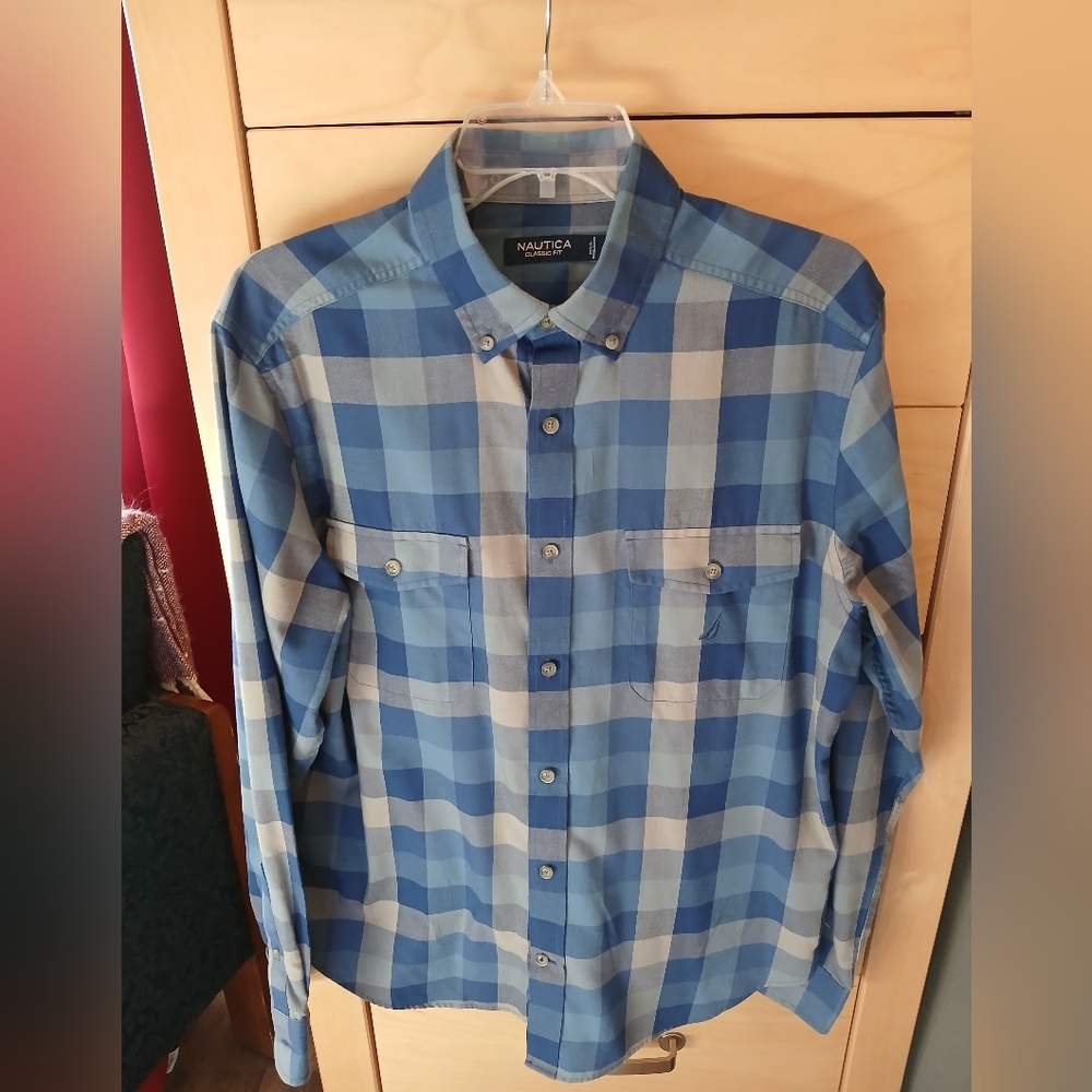 Nautica Men's Blue and Gray Checkered Shirt